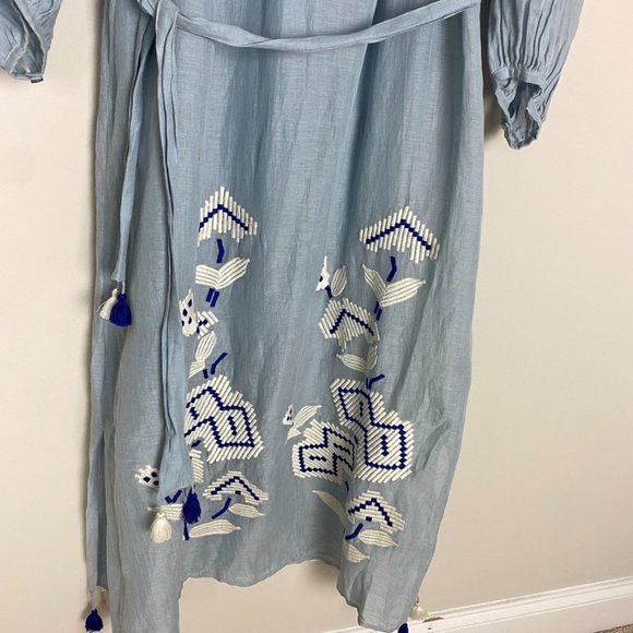 Benaras by Citrus Embroidered Boho Maxi Dress Blue Long Balloon Sleeves Belted - Picture 6 of 11